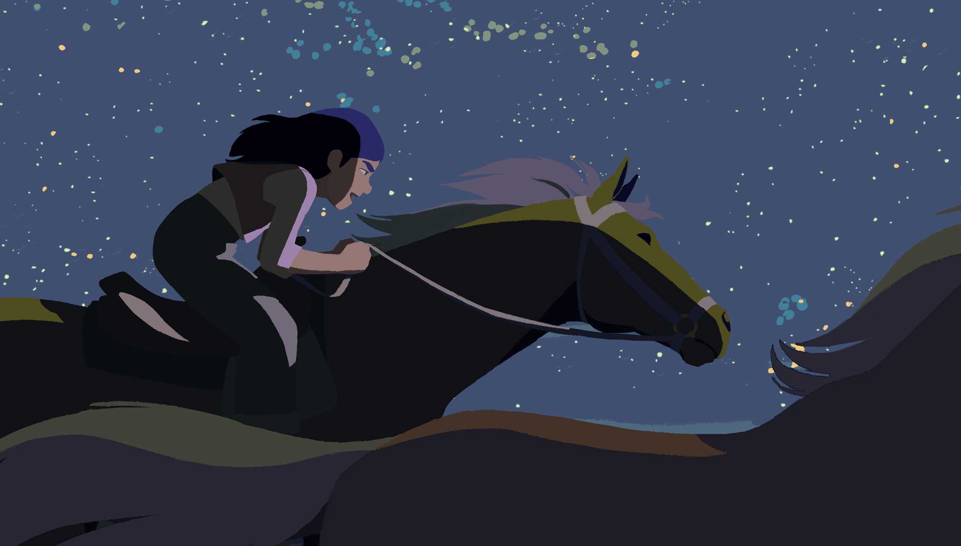 Dessin d'une jeune fille galopant à cheval en pleine nuit. Extrait du film d'animation Calamity, une enfance de Martha Jane Cannary de Rémi Chayé.