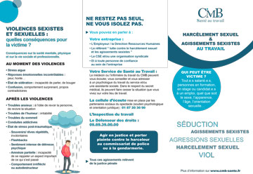 Brochure sur « le harcèlement sexuel et agissements sexistes au travail » réalisé par le Centre médical de la Bourse (CMB)