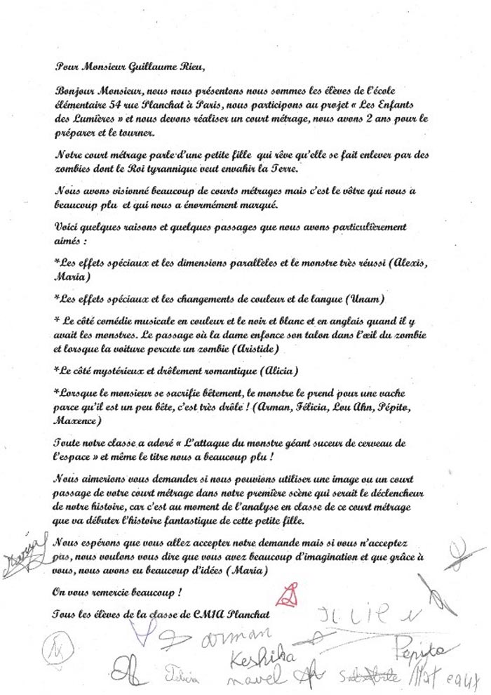 La lettre des élèves à Guillaume Rieu 