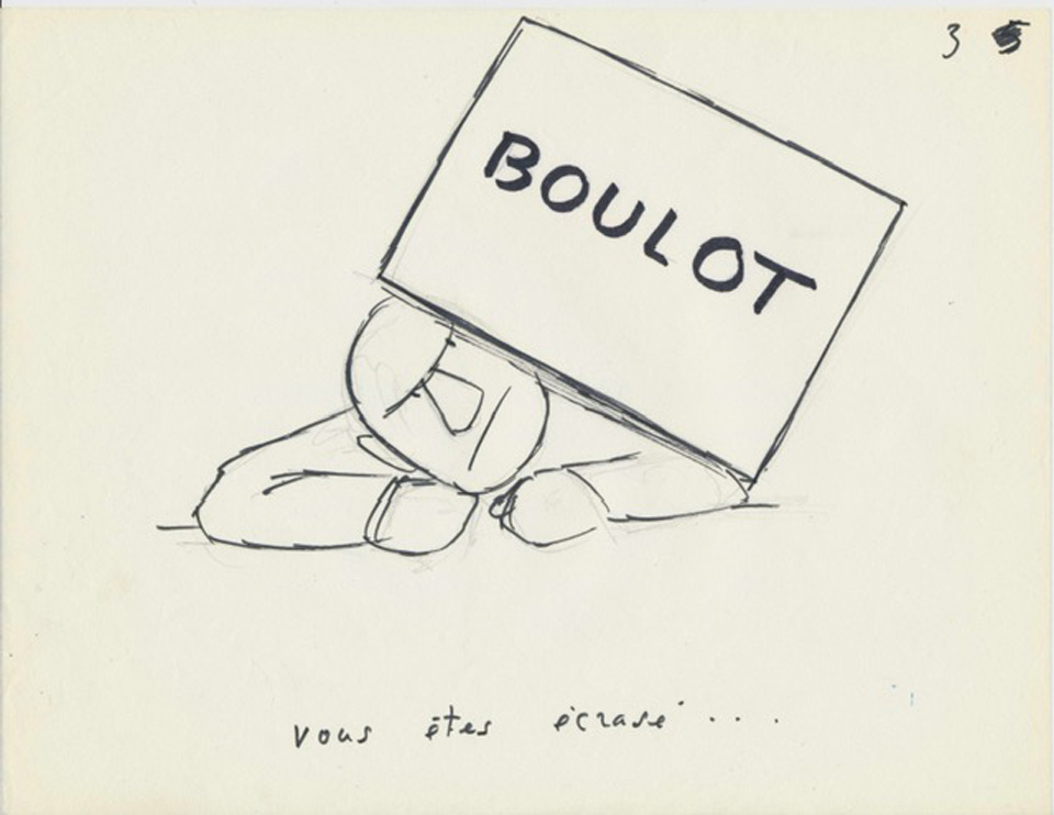 Trois films de Chaval : Un dessin inaniDessin préparatoire pour film publicitaire Banania : Surmenage (1966). Collection privéemé :Conte médiocre (1963 - Argos Films); Y’a d’la joie (1962 -Succession Chaval) ; Petits carreaux (1964 ? -Succession Chaval)