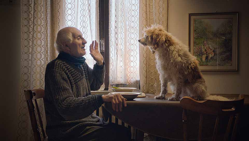 Un vieil homme interagit avec son chien. Extrait du film Chasseurs de truffes de Grégory Kershaw et Michael Dweck 