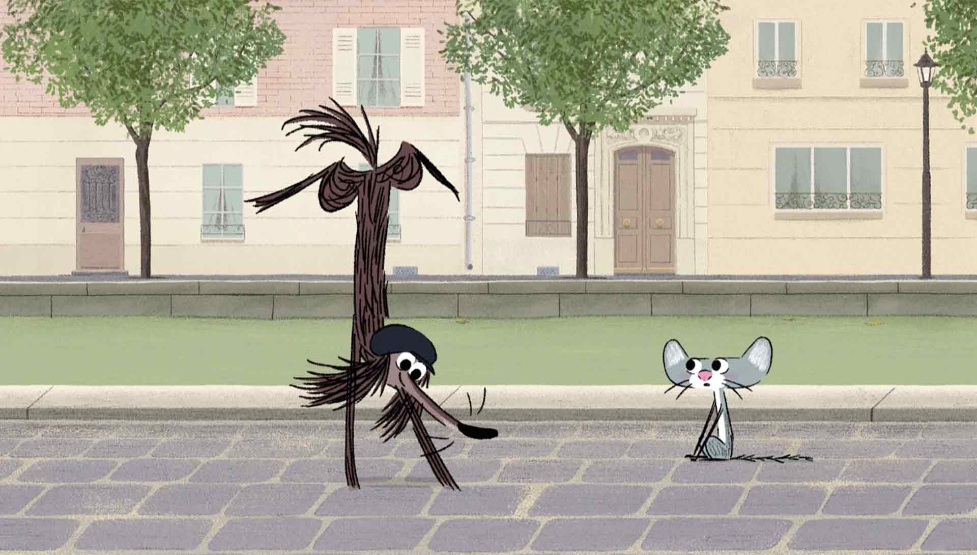 Dessin animé d'un chien faisant des acrobaties et d'un chat. Extrait du film d'animation Chien pourri, la vie à Paris ! de Davy Durand, Vincent Patar et Stéphane Aubier