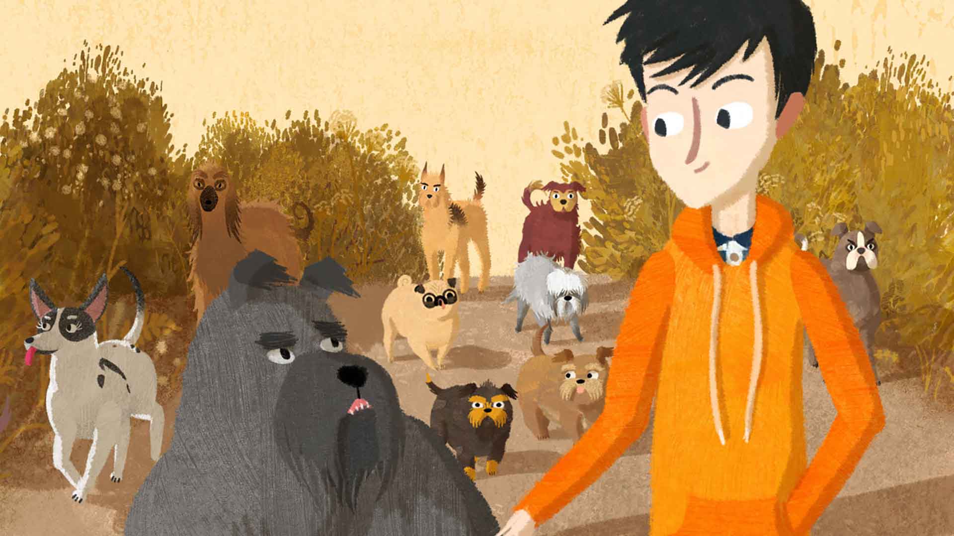 Dessin d'animation d'un jeune garçon discutant avec un chien