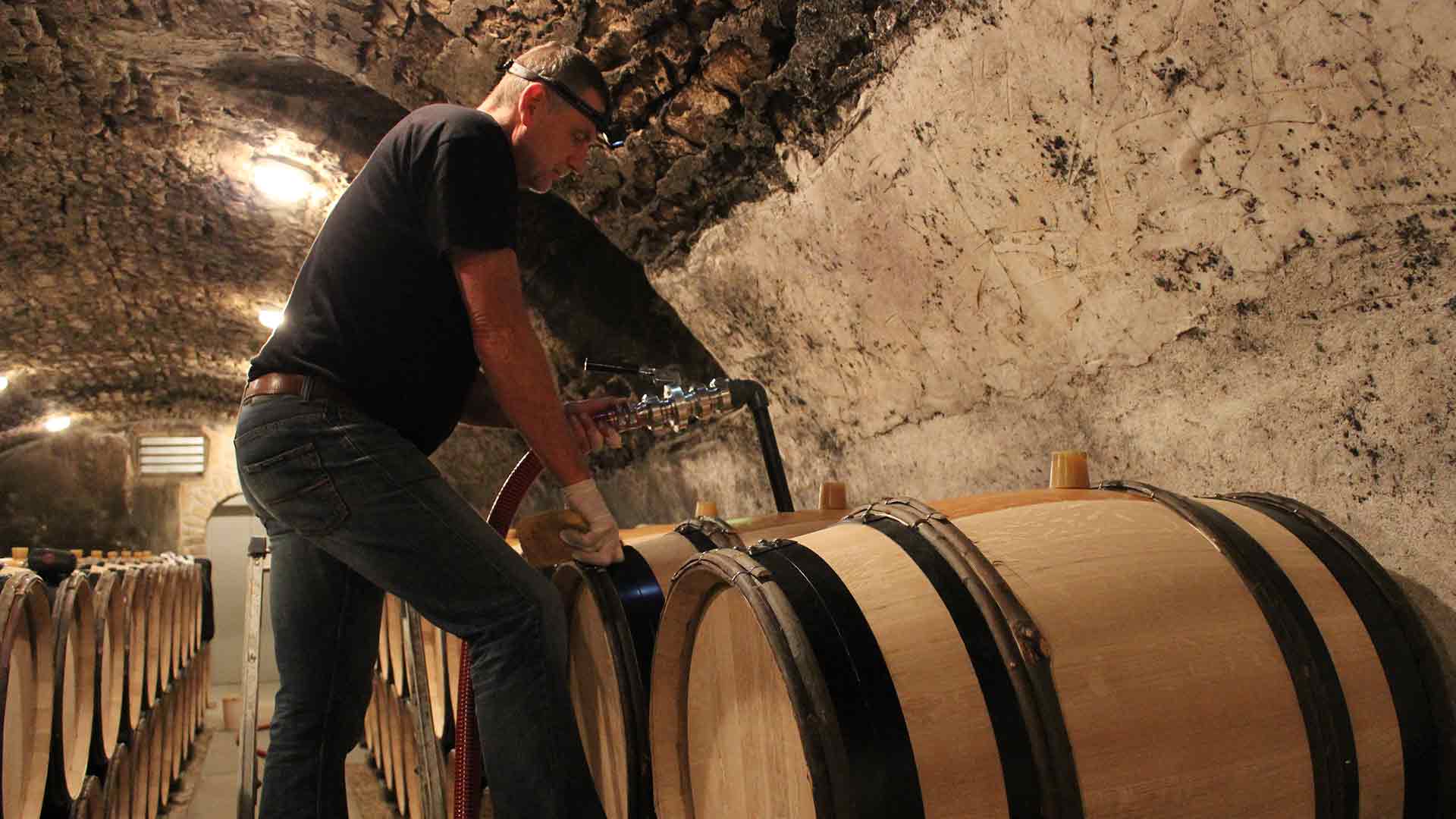 Un homme extrait du vin d'un tonneau 