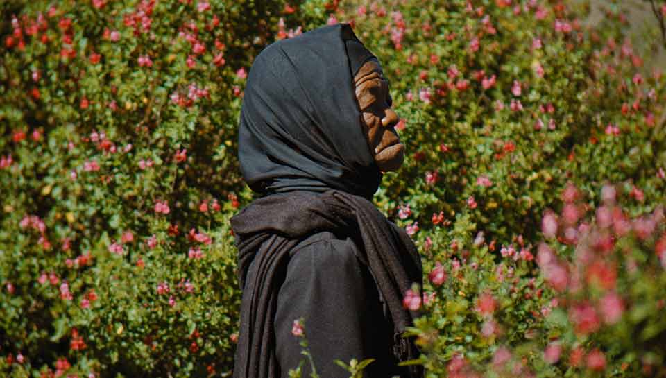 Vielle femme se tenant debout au milieu d'un buisson de fleurs. Extrait du film 