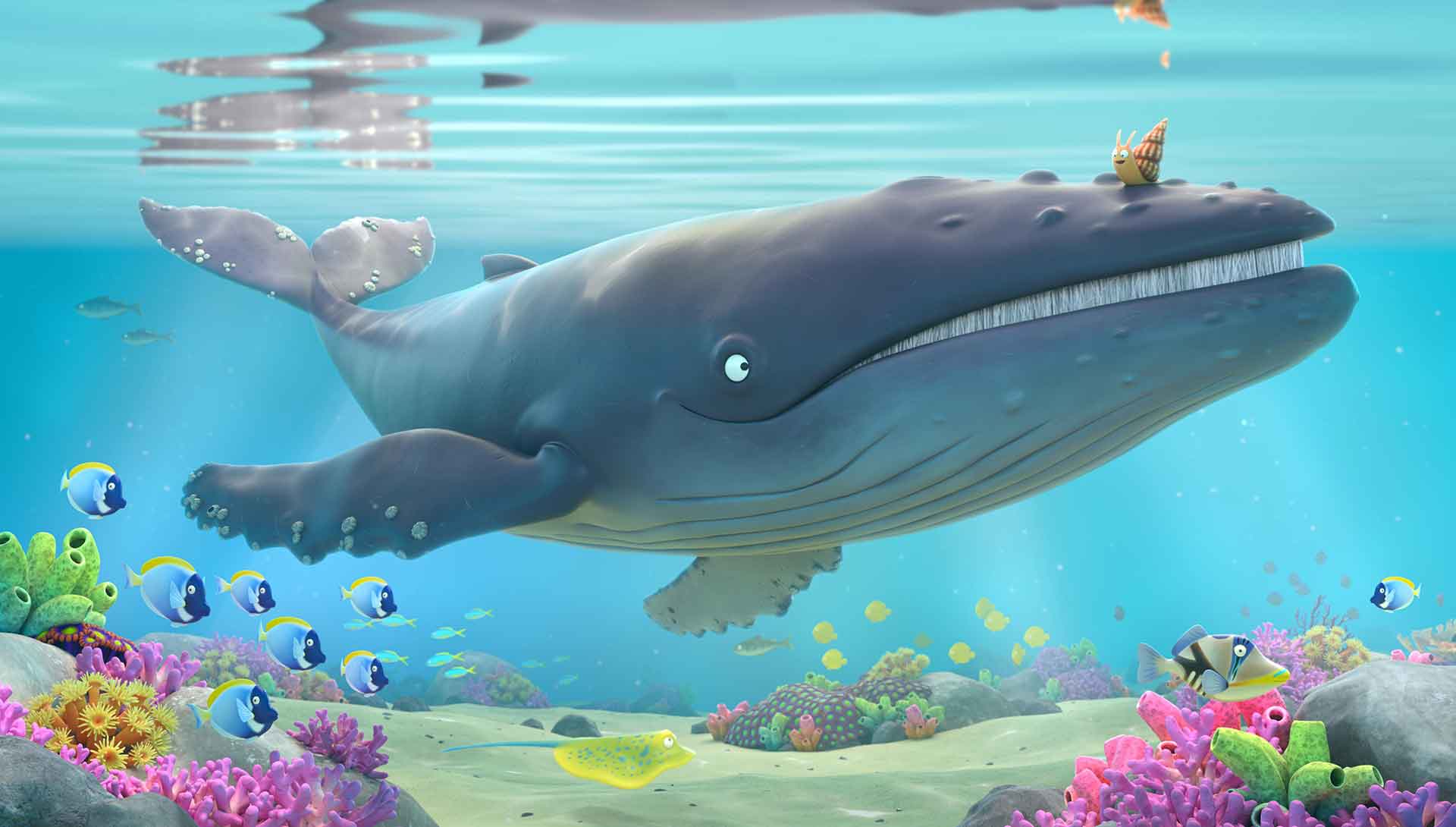 Dessin animé d'une baleine et d'un escargot de mer. Extrait du film d'animation La Baleine et l'escargote de Max Lang et Daniel Snaddon
