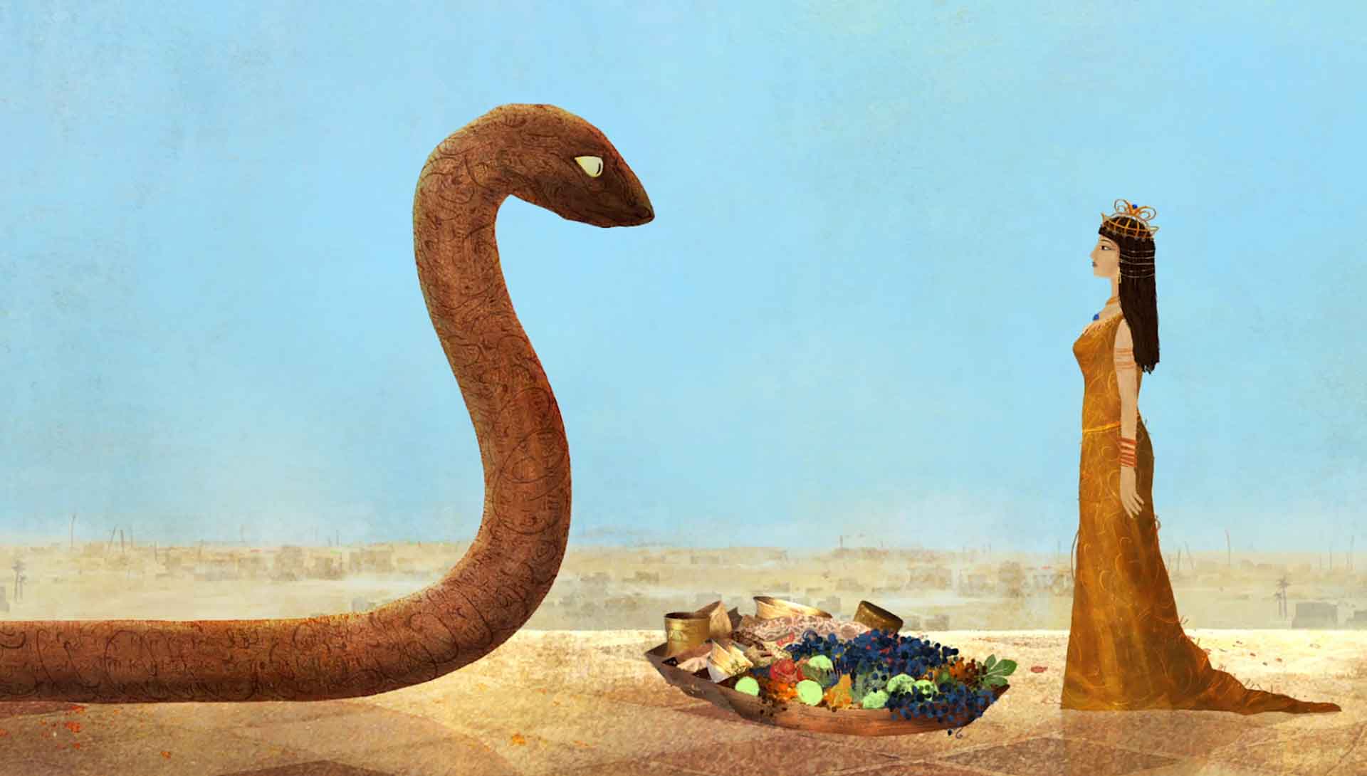 Une femme apporte un panier de fruit, fleur et trésor à un serpent. Extrait du film d'animation Le Prince Serpent d'Anna Khmelevskaya et Fabrice Luang-Vija.
