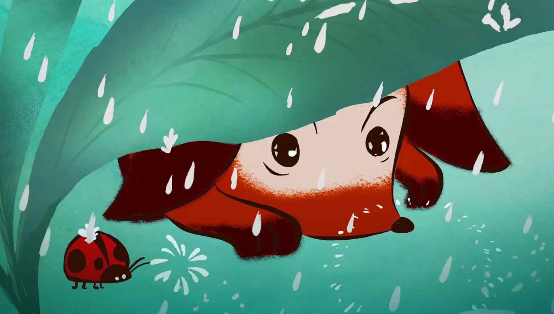 Dessin d'un renardeau et une coccinelle s'abritant de la pluie