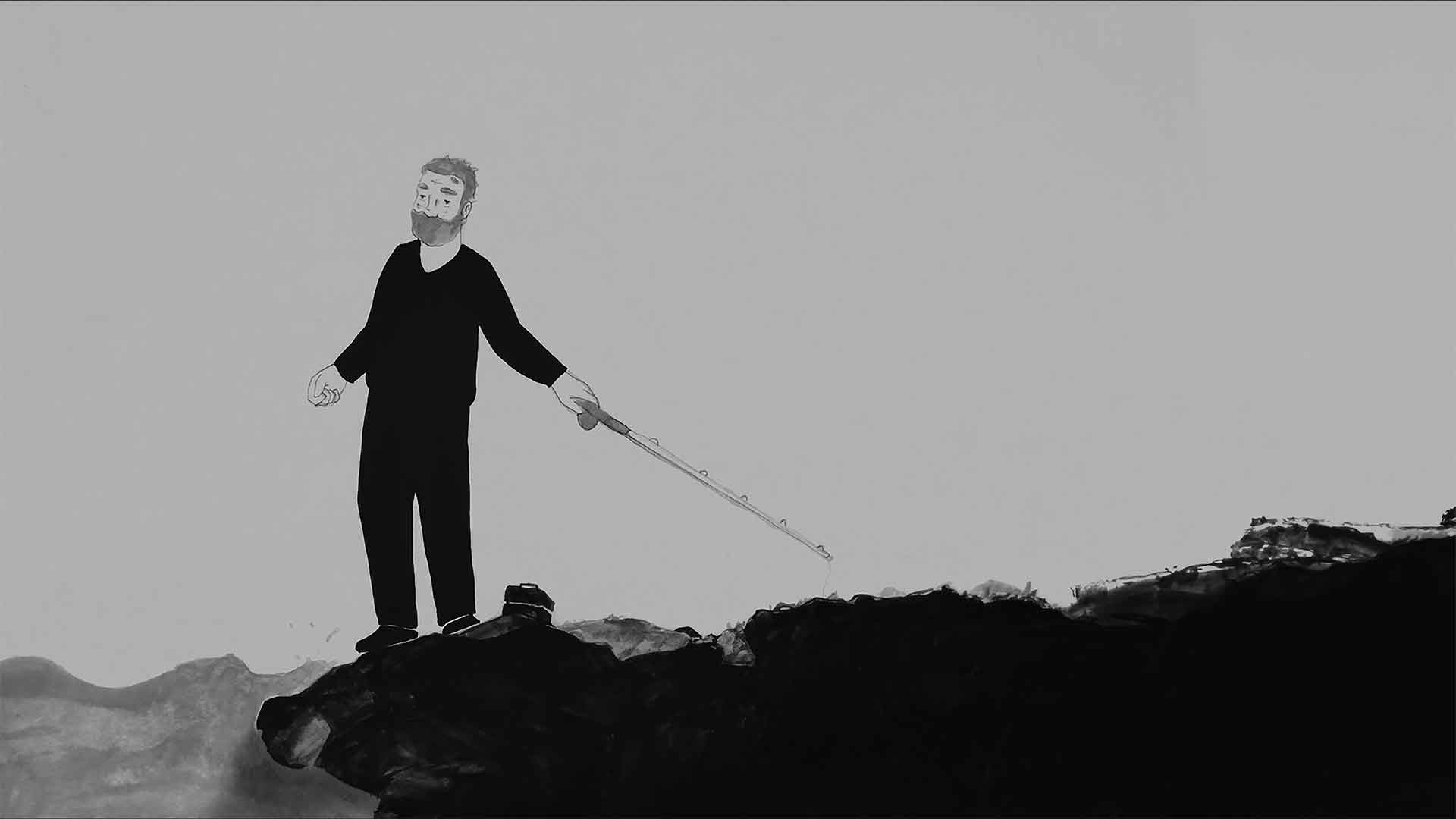 Image monochrome en dessin animé d'un vieil homme sur une colline