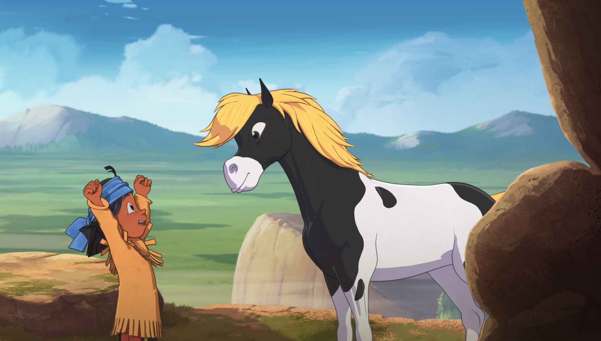 Dessin animé d'un jeune garçon Sioux, Yakari, et de son cheval blanc et noir, Petit-Tonnerre. Extrait du film Yakari, la grande aventure de Xavier Giacometti et Toby Genkel