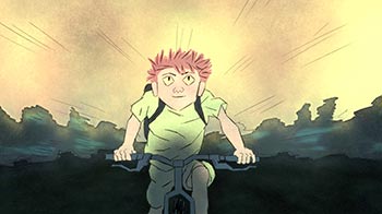 Un enfant roule à vélo à pleine vitesse. Extrait du film d'animation