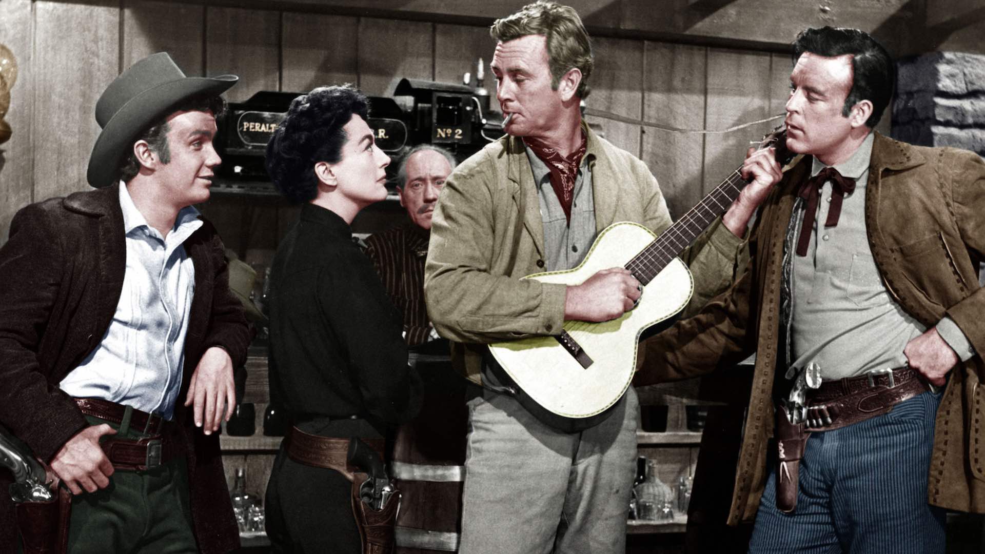 Ben Cooper, Joan Crawford, Frank Marlowe, Streling Hayden et Scott Brady dans Johnny Guitare de Nicholas Ray