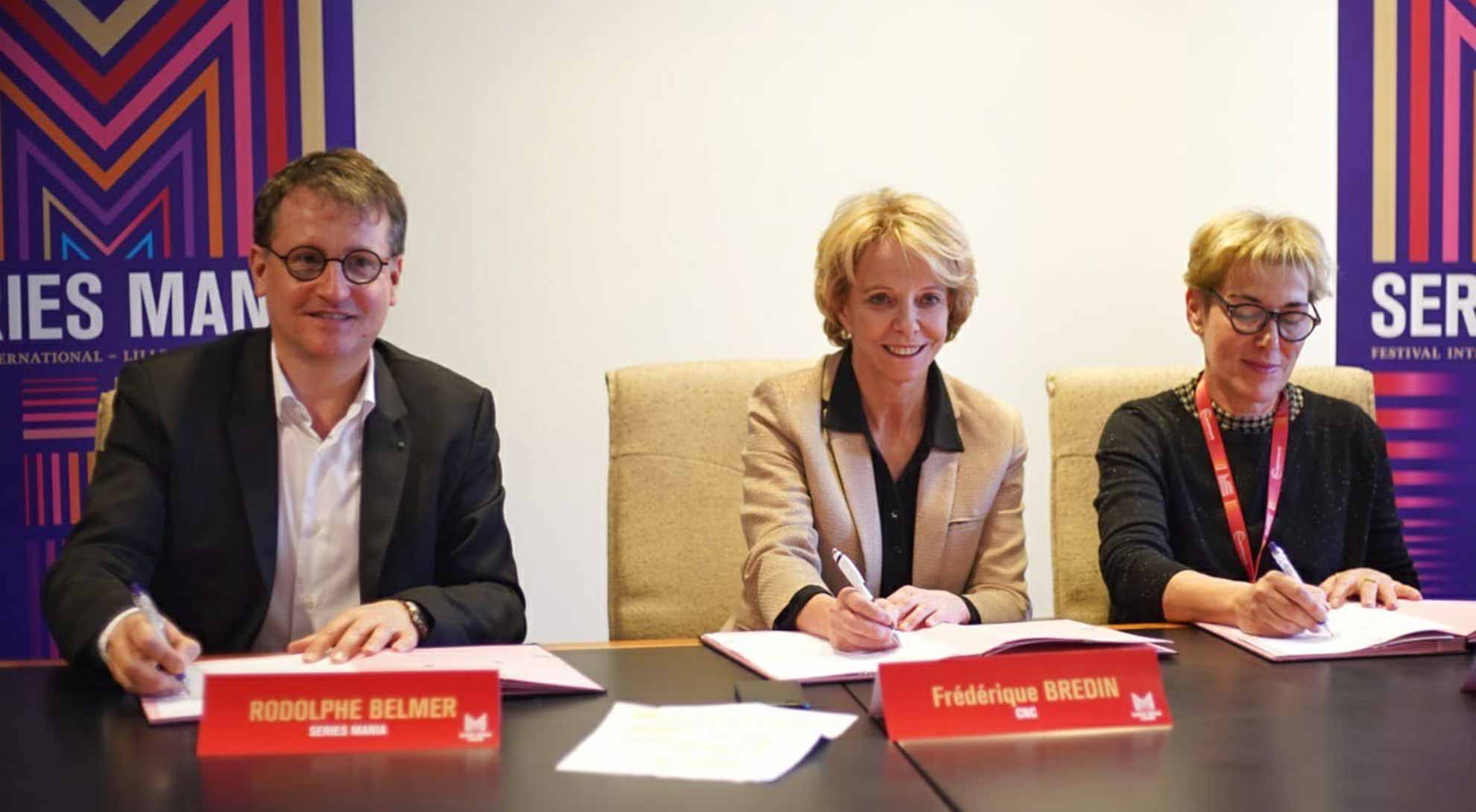 Rodolphe Belmer, Président de SERIES MANIA, Frédérique Bredin, Présidente du CNC et  Ziv Naveh, Présidente du Fonds Gesher pour le cinéma multiculturel (GMFF), à Lille le 27 mars 2019