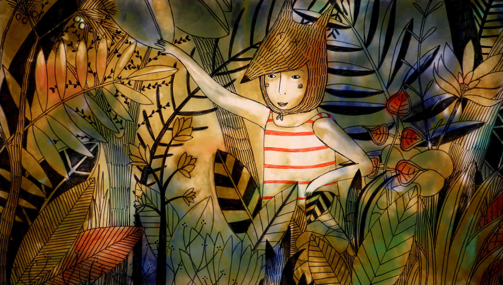 Une jeune fille dans les bois. Extrait du film d'animation Moutons, loup et tasse de thé de Marion Lacourt.